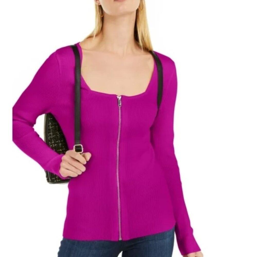 INC International Concepts Women's Magenta Front-Zip Square Neck‎ Sweater Top XL